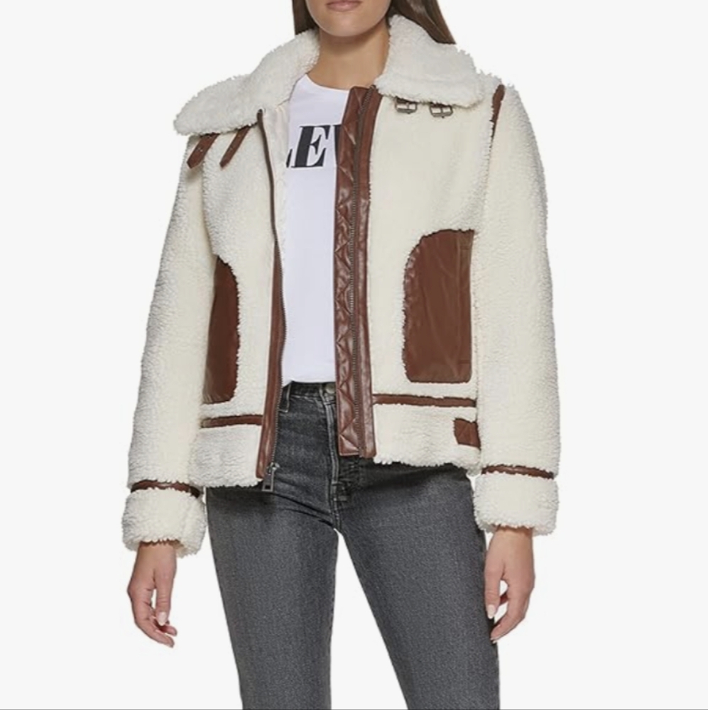 🆕 NWT Levi's zip-up faux leather and sherpa jacket with contrast piping - Picture 4 of 8